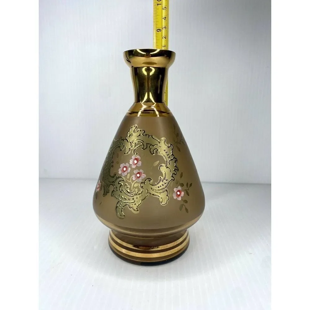 Beautifully Hand Painted Pink Floral Frosted Bohemian Wine Decanter Gold Trim